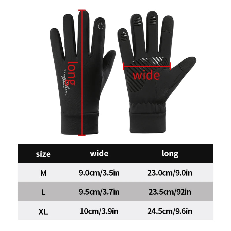 Black thermal knit winter ski gloves shown with size options M, L, and XL