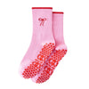 Pink gestrickte Yoga- und Fitnesssocken mit rotem Rand und dekorativer Schleife