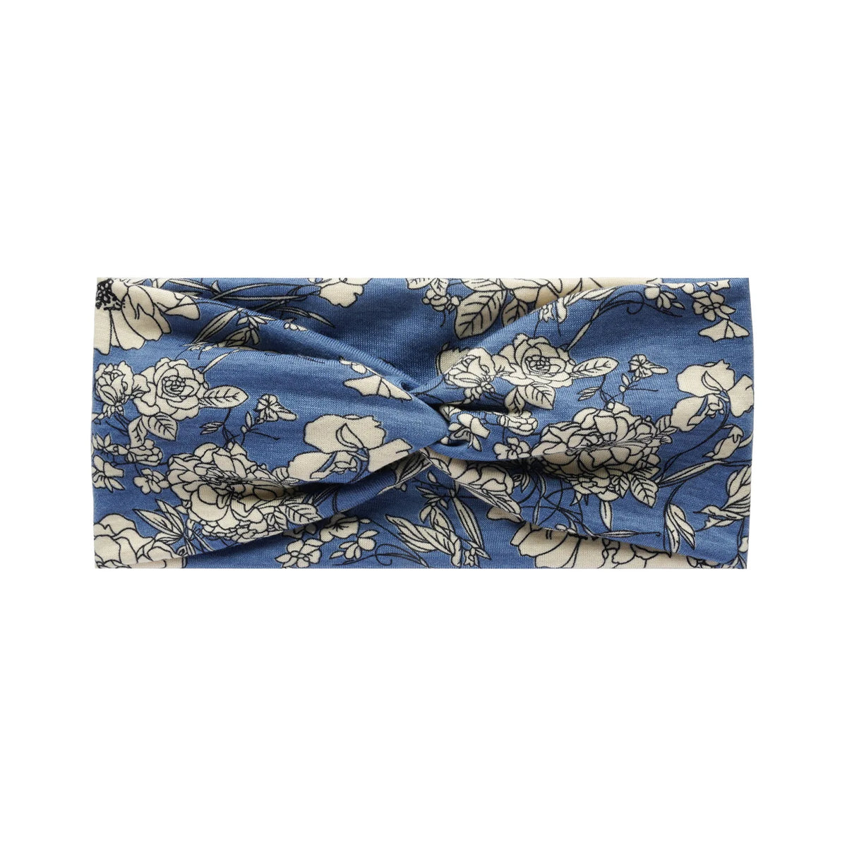 Blue fabric with a white floral vintage print folded into a headband