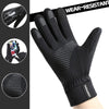Black wear-resistant cycling gloves with textured fingertips and a touchscreen feature.
