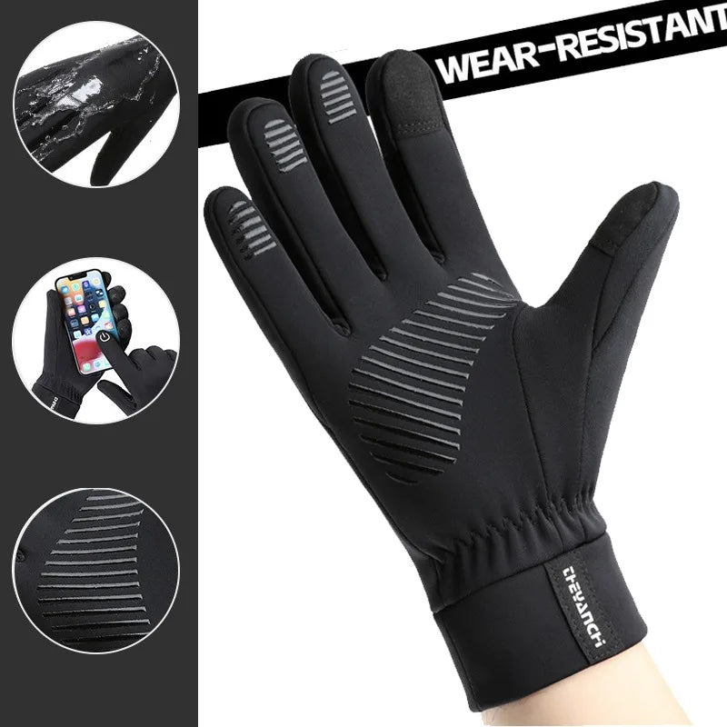 Black wear-resistant cycling gloves with textured fingertips and a touchscreen feature.