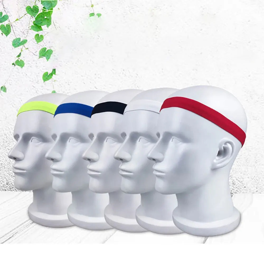 A row of five white sports headbands with colored bands (yellow, blue, black, red) displayed against a white background.