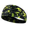 Black and neon yellow camouflage elastic sports headband worn on a wrist.