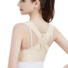 A woman wearing a beige adjustable posture corrector for back and shoulder support.