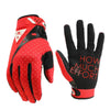 A pair of red and black full finger motocross motorcycle gloves shown against a white background.