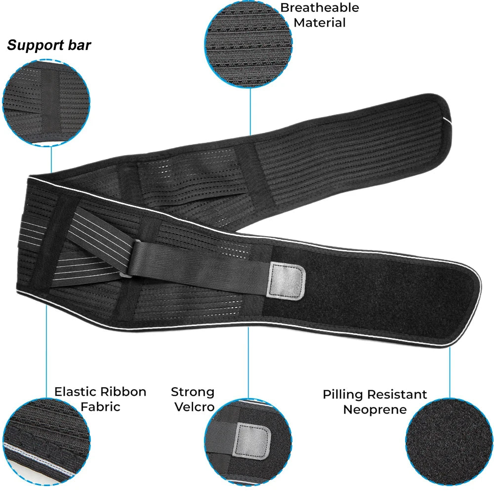 Ceinture de soutien ajustable pour le bas du dos, montrant une barre de soutien, un ruban élastique et un velcro solide.