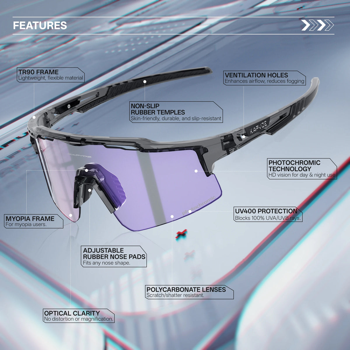 A close-up view of photochromic cycling sunglasses featuring a TR90 frame, ventilation holes, and polycarbonate lenses.