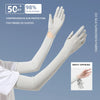 A pair of light gray ice silk sunscreen fabric arm sleeves with five finger ice sleeves shown on a hand and arm.