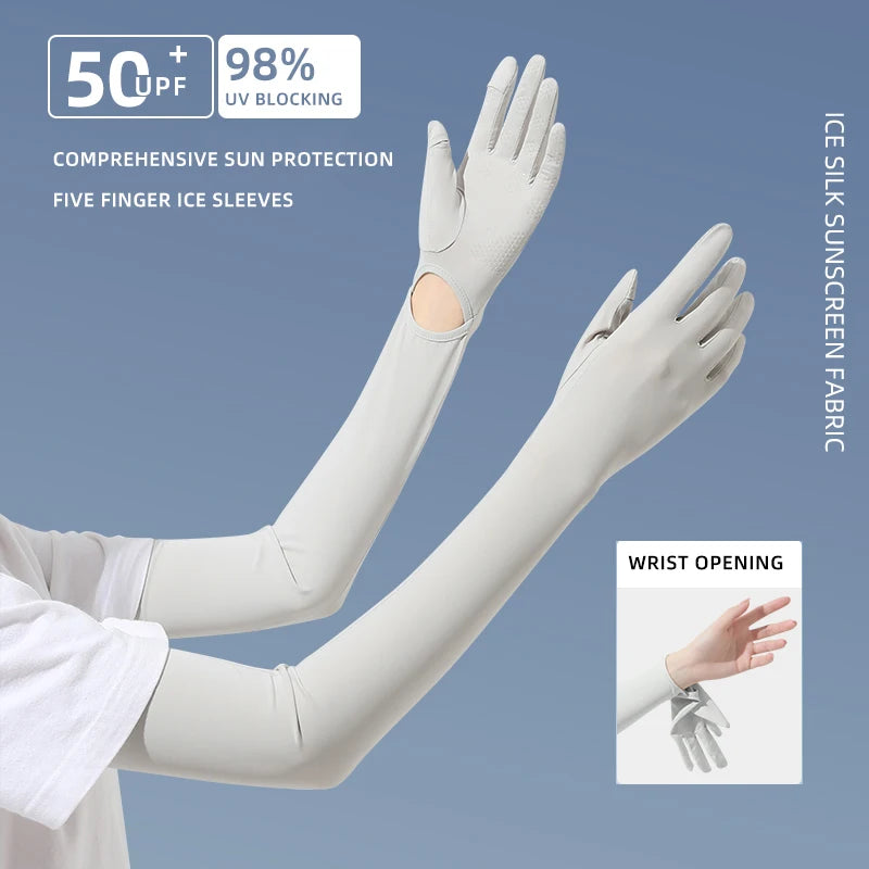 A pair of light gray ice silk sunscreen fabric arm sleeves with five finger ice sleeves shown on a hand and arm.