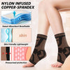 Black nylon infused copper-spandex ankle compression brace worn on a leg.