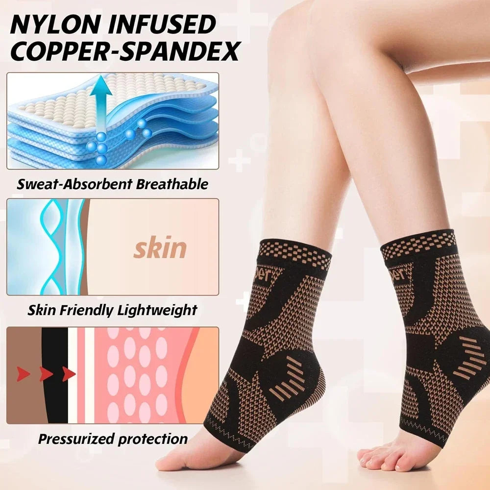 Black nylon infused copper-spandex ankle compression brace worn on a leg.