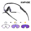 A pair of Kapvode photochromic cycling sunglasses shown in various states of light adjustment.