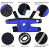Blue knee brace featuring silicone strips, velcro belts, ventilation holes, and metal spring stabilizers.
