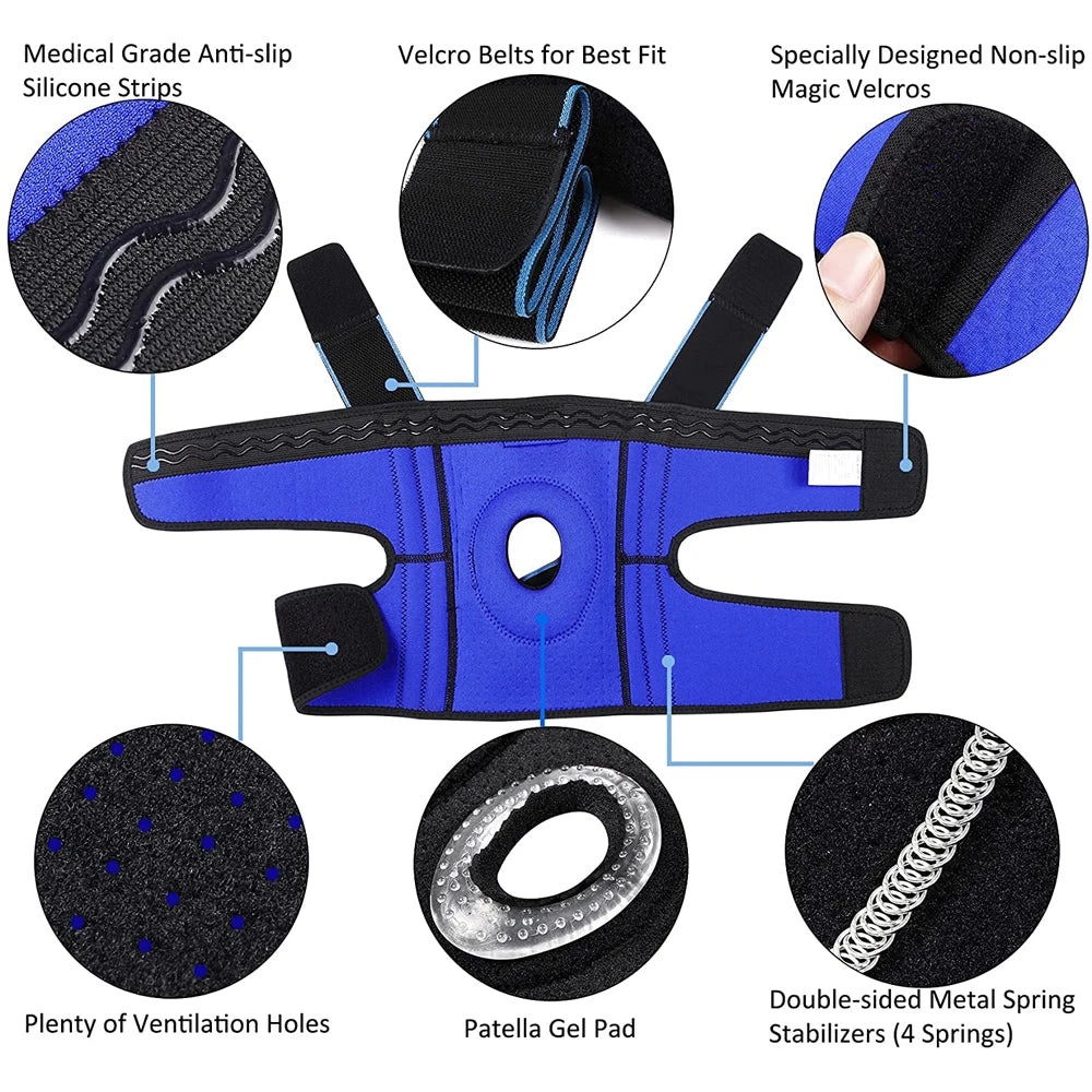 Blue knee brace featuring silicone strips, velcro belts, ventilation holes, and metal spring stabilizers.