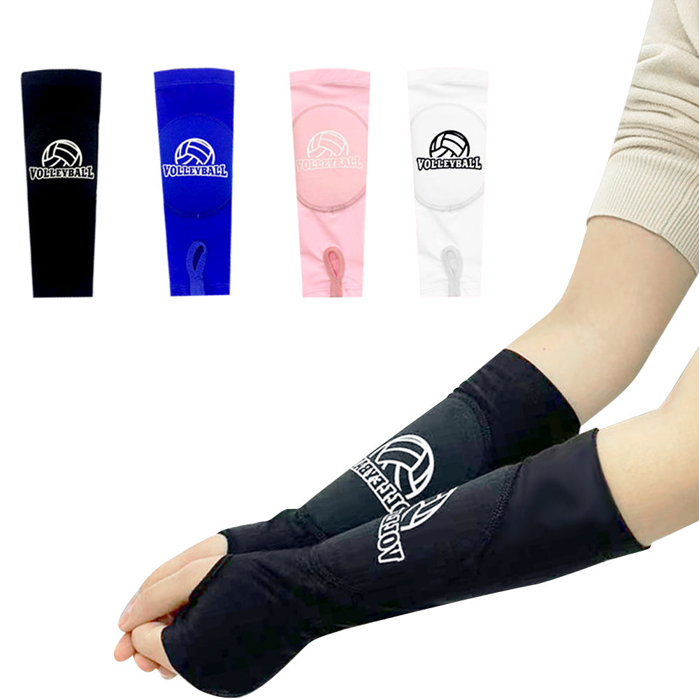 A hand is wearing a black padded volleyball arm sleeve, with various colored sleeves displayed nearby.
