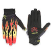 A pair of black motorcycle and MTB gloves with orange flame graphics.
