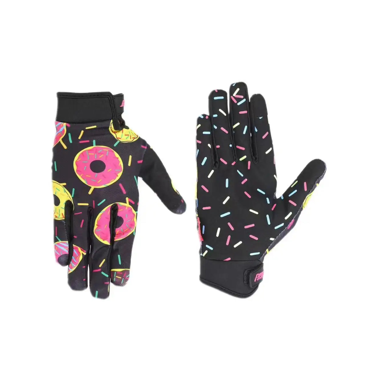 A pair of colorful, patterned motorcycle and MTB gloves shown against a white background.