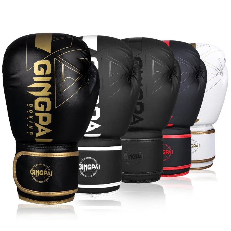 A set of black and gold boxing training gloves stacked in a row.