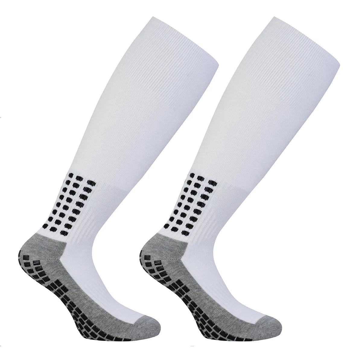 A pair of white professional training football socks with black dotted accents and gray heel and toe sections.