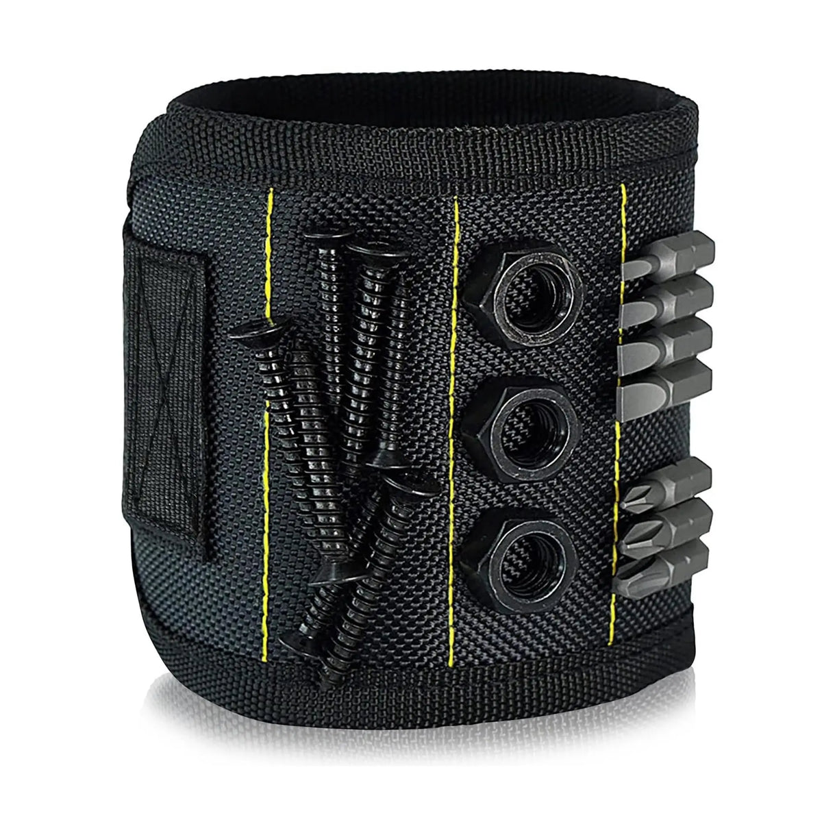 Black magnetic wristband for hardware storage with multiple magnetic tools attached