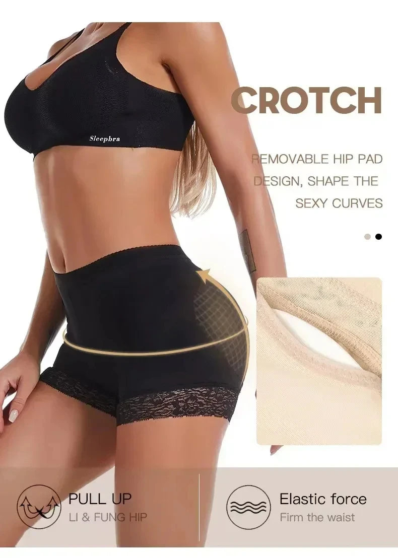 Culotte de maintien noire et sans couture avec rembourrage de hanches amovible et élastique pour tonifier la taille.