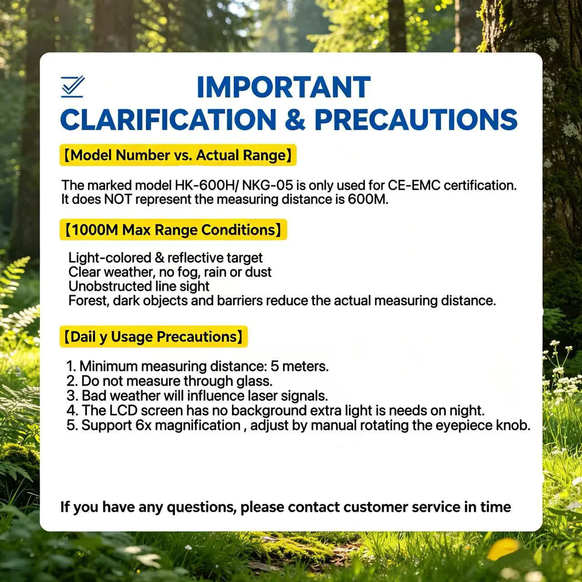 A white informational card detailing important clarification and precautions for a laser rangefinder device.