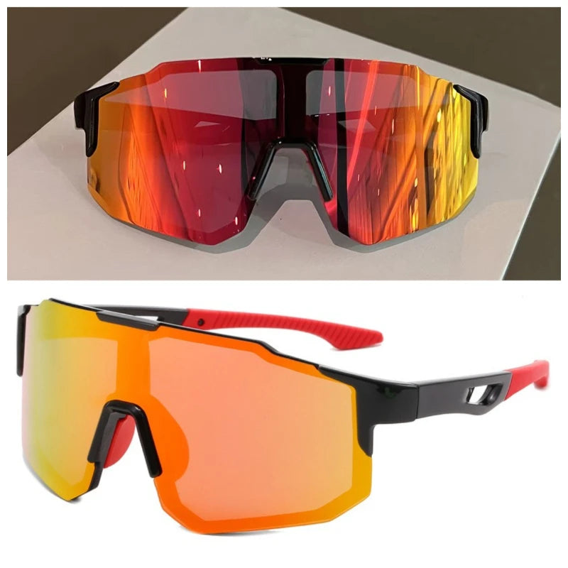 Ein Paar orange getönter Sport-Sonnenbrillen in zwei Ansichten, die die Linsenfarbe und den Rahmen zeigen.