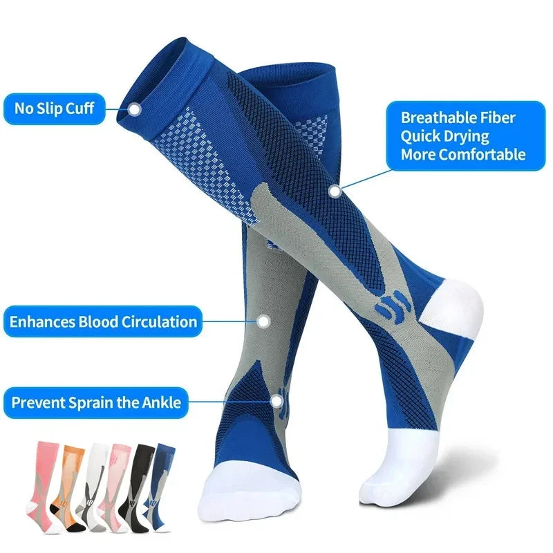 A pair of blue and gray compression socks designed to enhance blood circulation, prevent ankle sprains, and ensure quick dryi