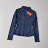 Navy blue quick-dry yoga and fitness jacket shown flat lay