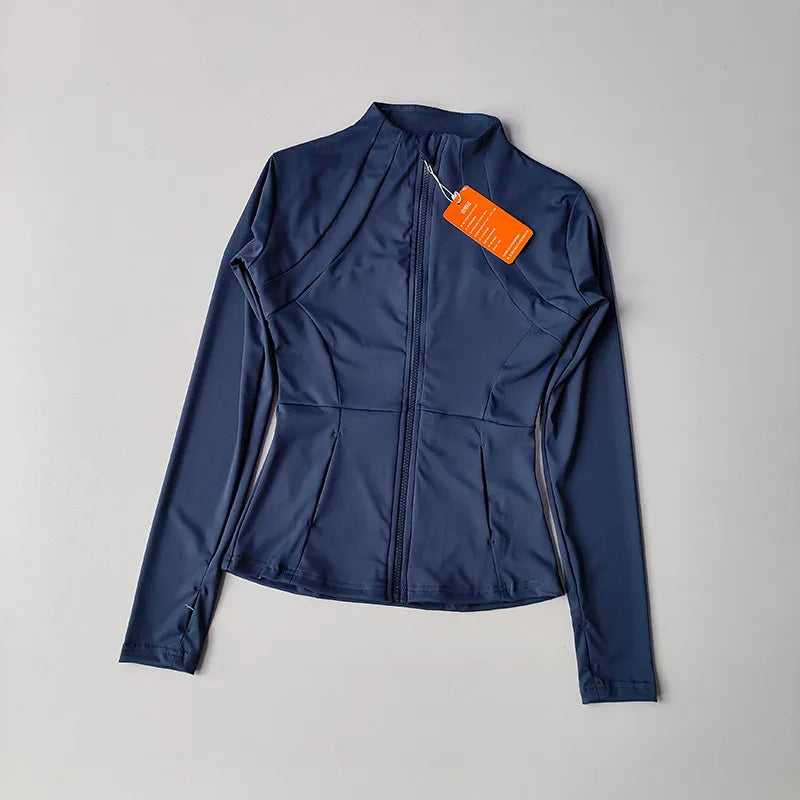 Navy blue quick-dry yoga and fitness jacket shown flat lay