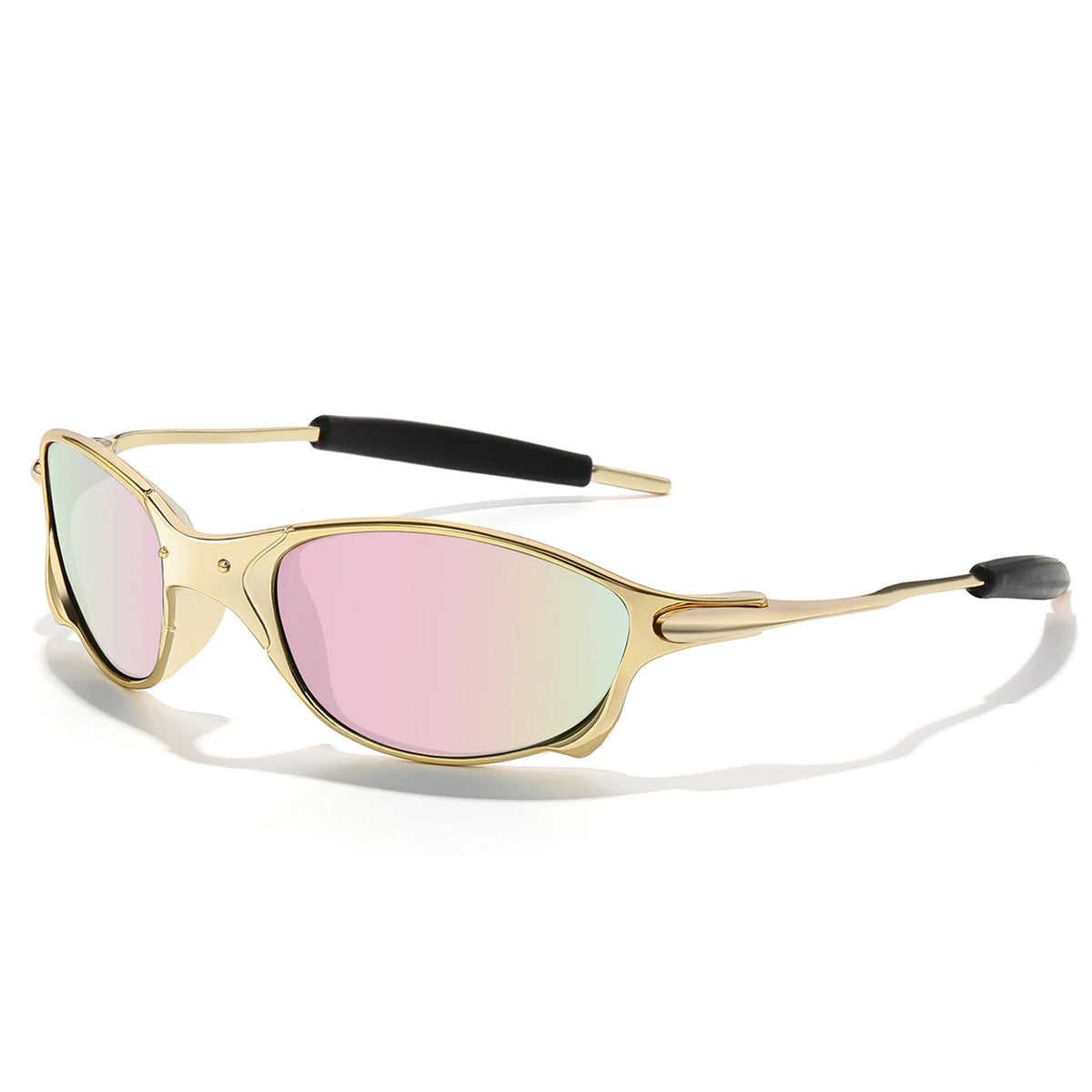 Gold-toned metal frame sunglasses with pink polarized lenses and black temple grips.