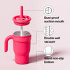 A pink stainless steel travel mug with a silicone straw lid, highlighting features like a dust-proof mouth and non-slip botto
