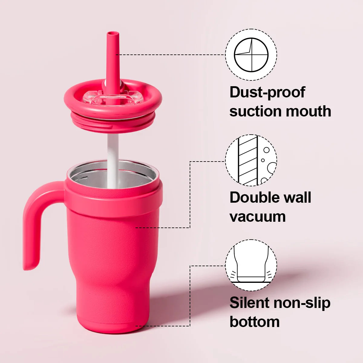 A pink stainless steel travel mug with a silicone straw lid, highlighting features like a dust-proof mouth and non-slip botto