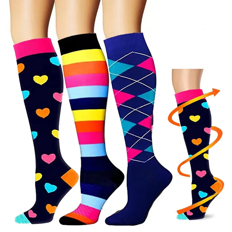 A set of colorful compression elastic socks for sports and daily wear shown on a foot.
