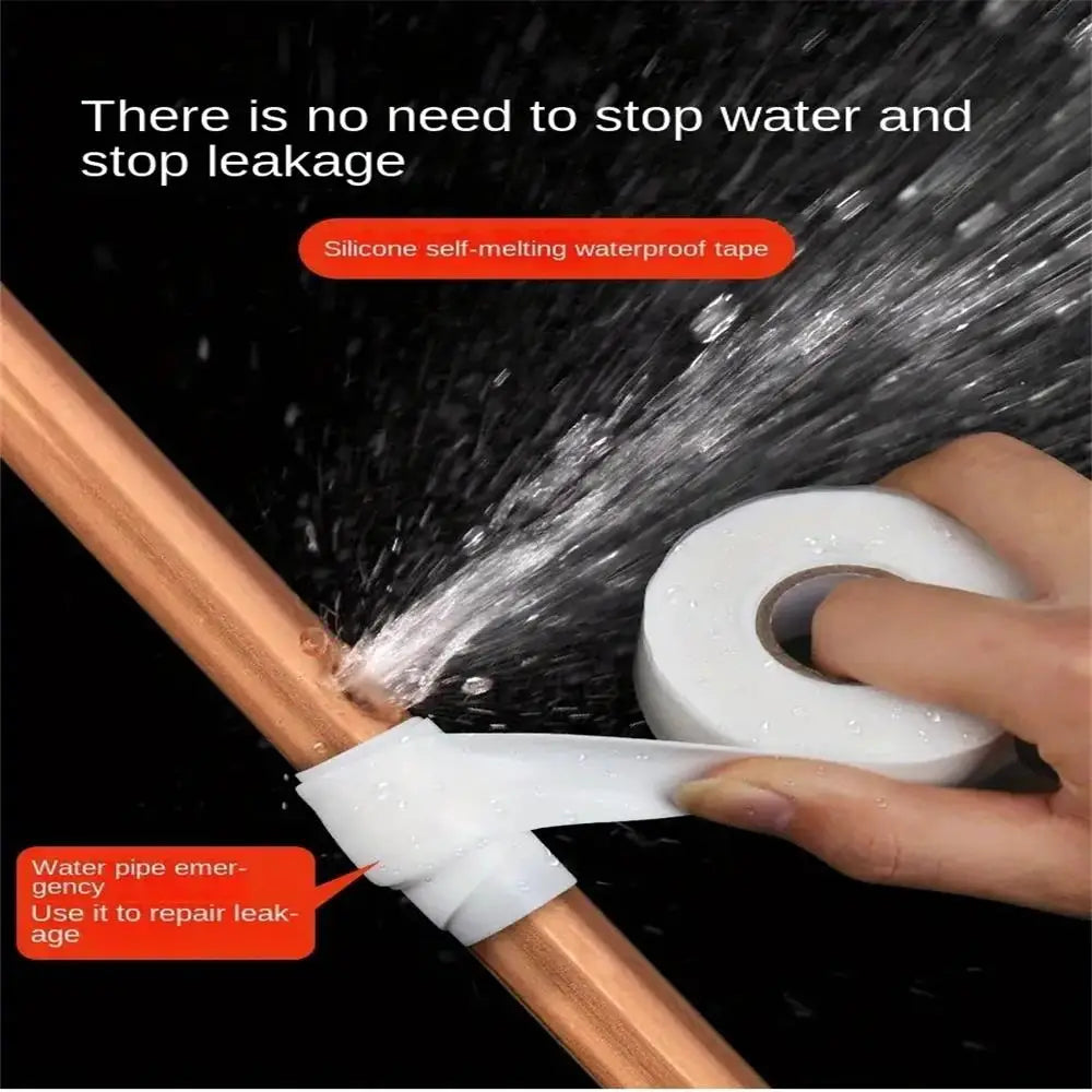 A hand applies silicone self-melting waterproof tape to repair a leak on a copper water pipe.