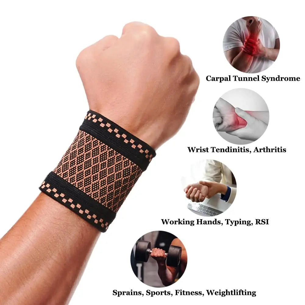 Une main portant un bandage de soutien au poignet en cuivre, illustrant diverses affections comme le syndrome du canal carpie