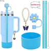 A set of six reusable accessories for a tumbler including a straw, charm, and silicone cup.