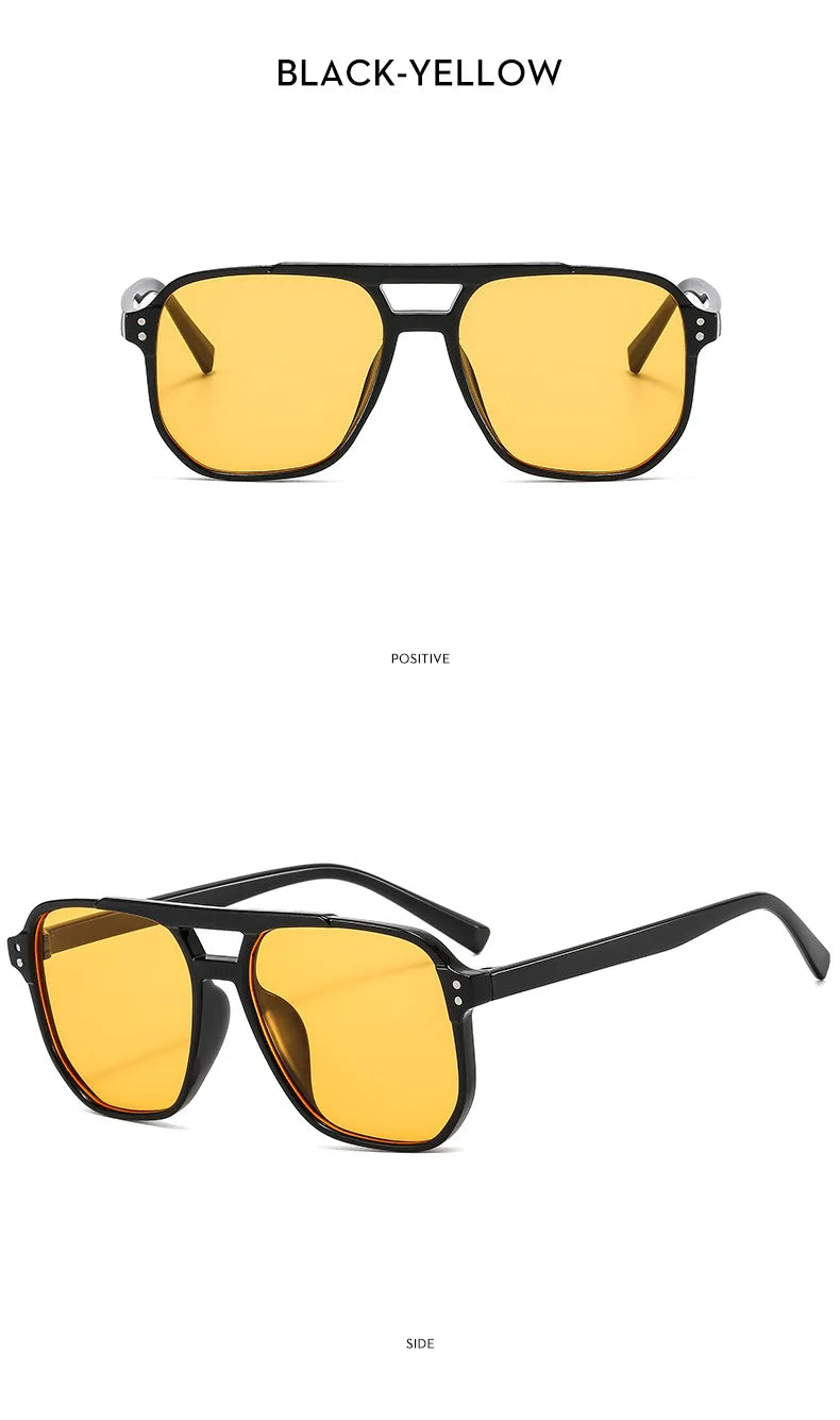 Black-yellow vintage square sunglasses shown from the front and side views.