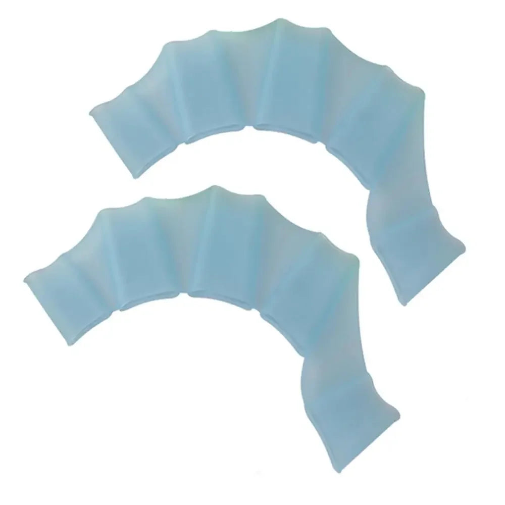 A set of light blue silicone swim training flippers arranged in a curved fan shape.