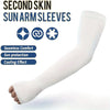 White second skin sun arm sleeves shown on a hand, highlighting seamless comfort and cooling effect.