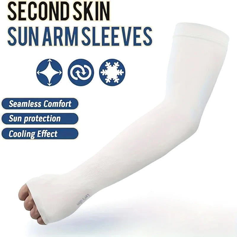 White second skin sun arm sleeves shown on a hand, highlighting seamless comfort and cooling effect.