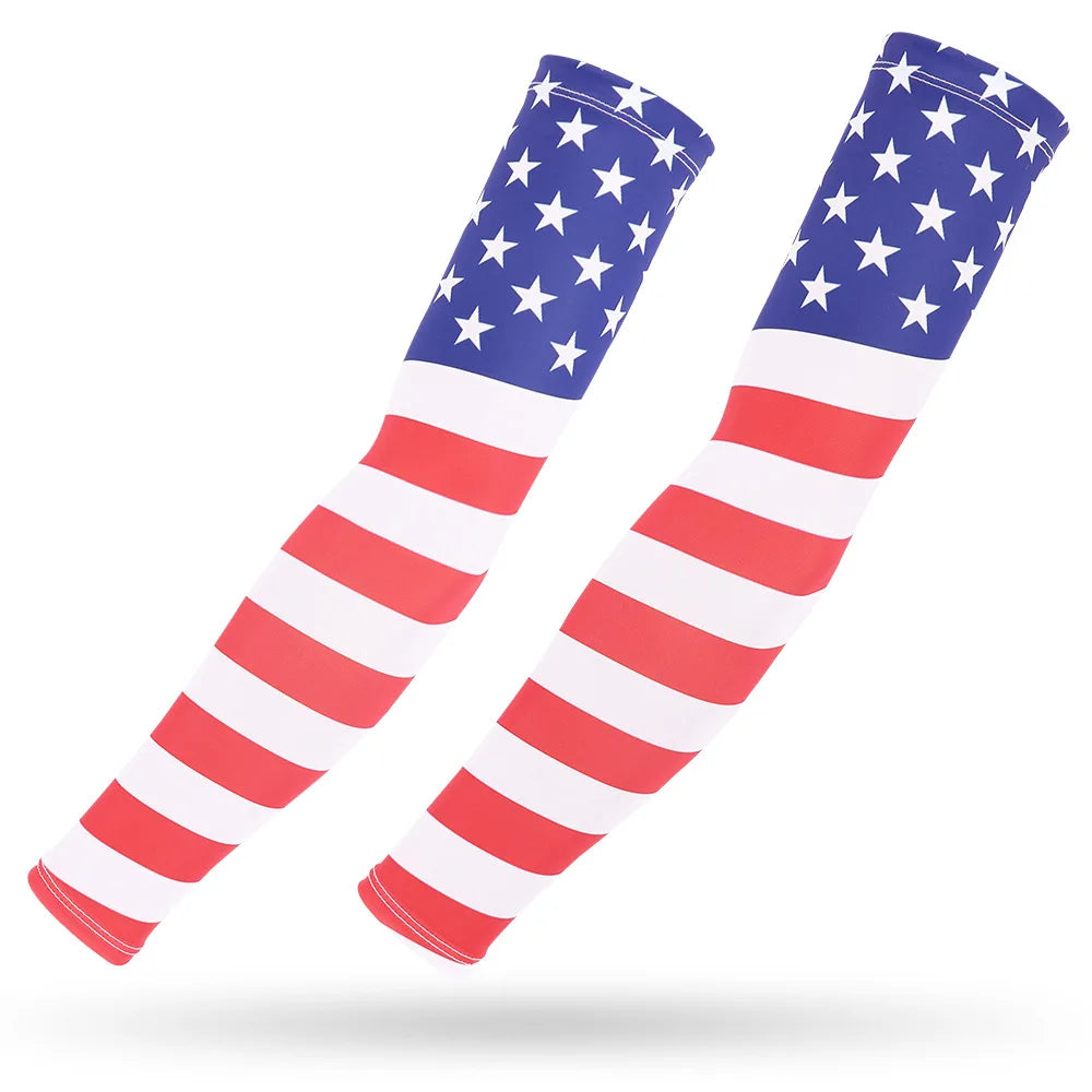 A pair of patriotic American flag patterned sports arm sleeves featuring red, white, and blue stripes and stars.