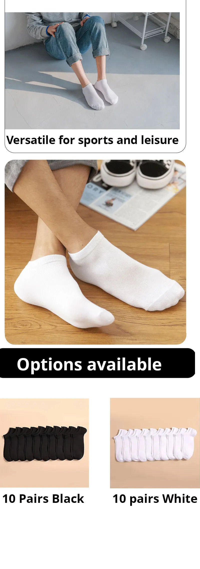 A selection of breathable unisex boat socks in black and white are displayed.