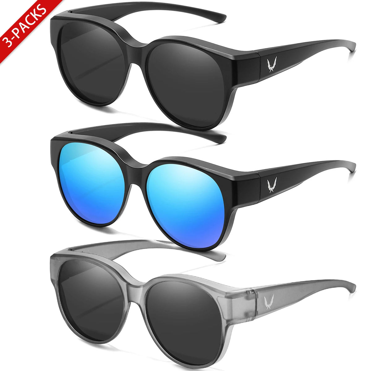 Three pairs of sunglasses shown in black, blue, and gray frames with dark lenses.