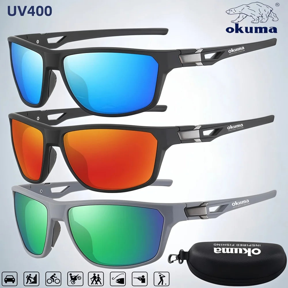A set of Okuma UV400 polarized sports sunglasses shown in blue, orange, and green lenses with black frames.
