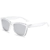Clear plastic frame sunglasses with gradient mirrored lenses shown against a white background