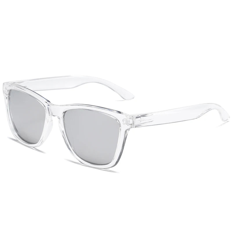 Clear plastic frame sunglasses with gradient mirrored lenses shown against a white background