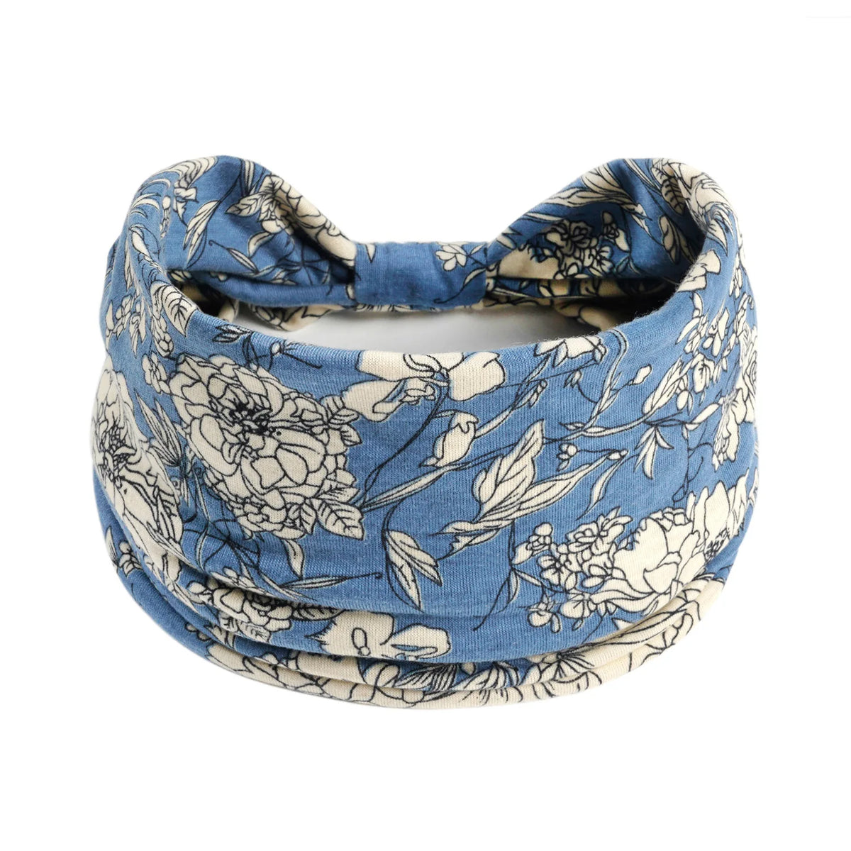 Blau-cremiges florales Druck, breiter Rand, Baumwoll-Yoga-Haube