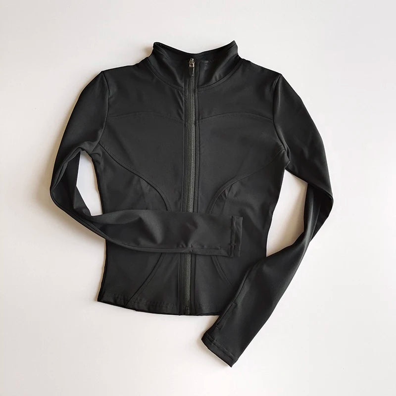 Black long-sleeved quick-dry yoga and fitness jacket with a full zip collar