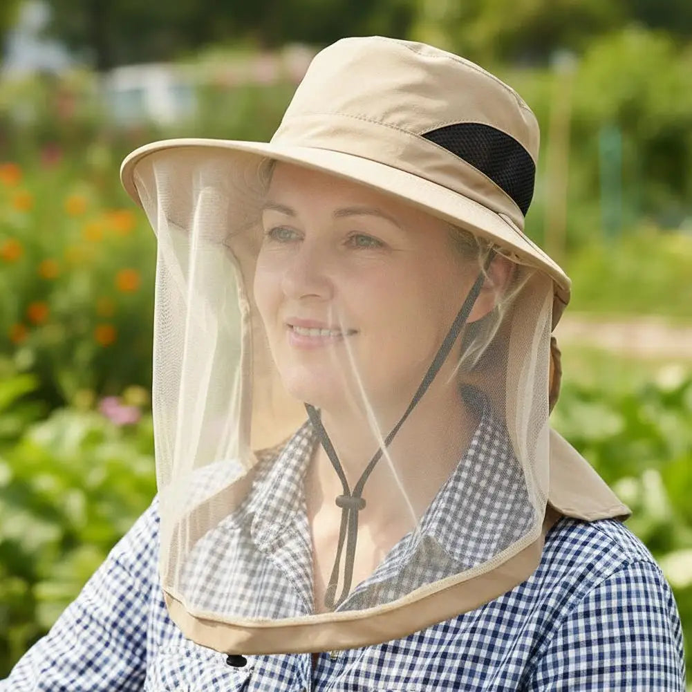 Mosquito Net Sun Hat with Wide Brim and Adjustable Chin Strap
